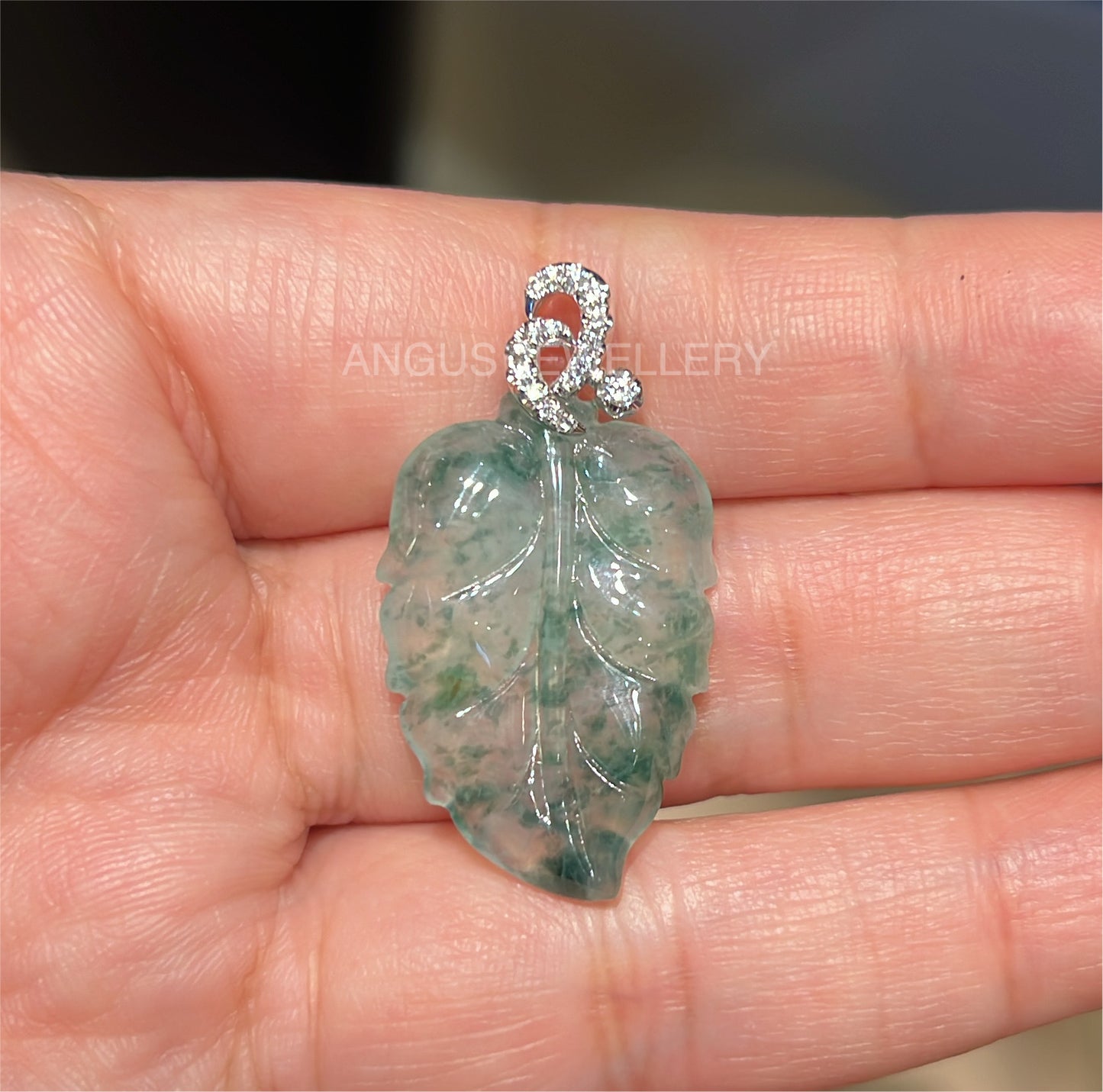 ICY JADEITE LEAF AND DIAMOND PENDANT