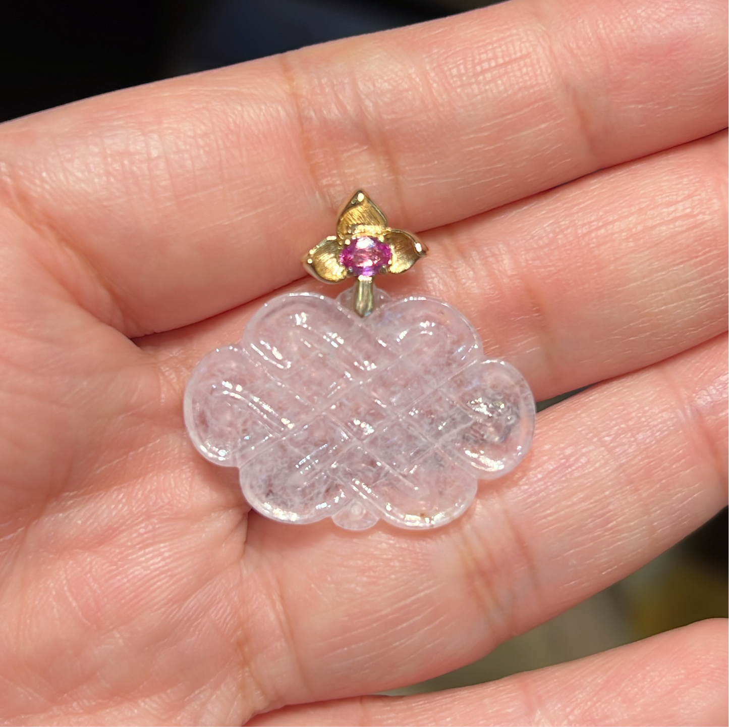 天然翡翠冰种「如意」玉镶粉红蓝宝石挂坠